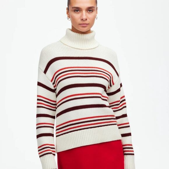 Madewell Cream and Red Cotton Cowl Turtleneck Sweater in stripe Size S - Picture 1 of 8